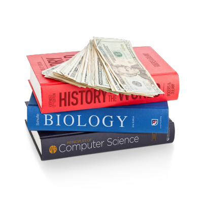 Cash on top of a stack of textbooks.