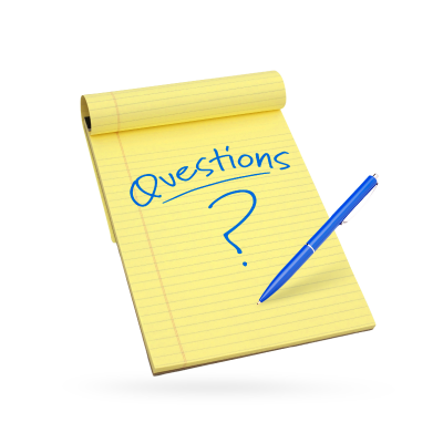 A notepad with, "Questions?" written on it.